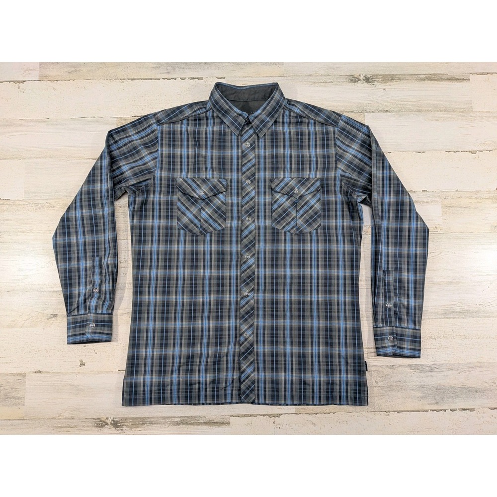 Kuhl Mens Medium Plaid Pearl Snap Button Up Shirt Blue Grey Long Sleeve Outdoor